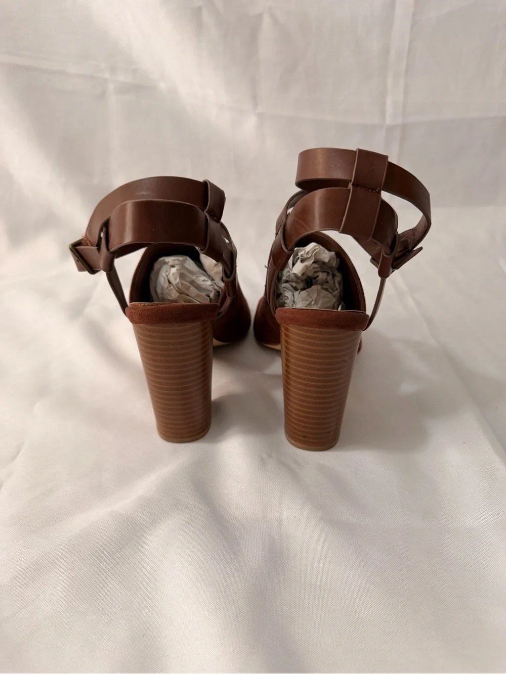 Shoe Dazzle Ella Cognac Brown Suede Block Heel Sandals